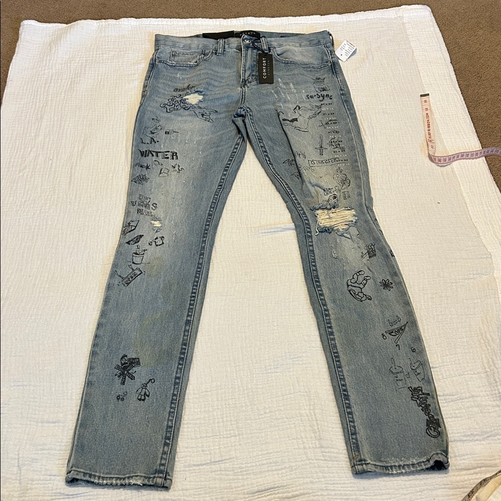 PacSun Mens Graffiti Jeans Black Graphics 31 x 32 Comfort Stretch Skinny Skater - Picture 3 of 14